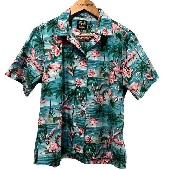 Benny's Retro Flamingo Print Button Down Shirt, Blue Pink Green, M - Picture 6 of 7